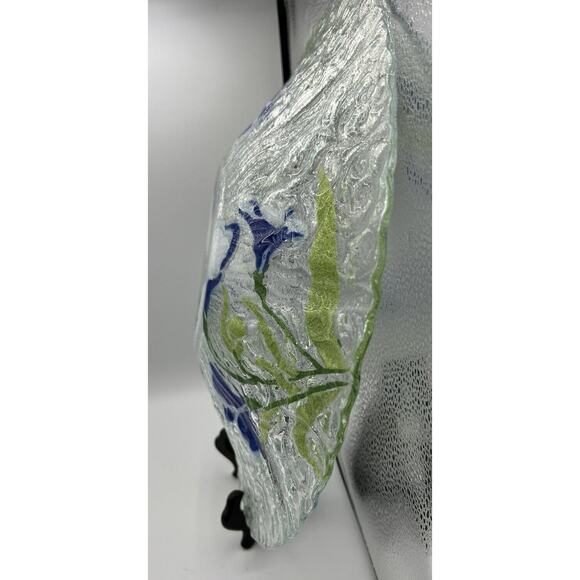 Platter Bowl Glass Japanese Iris Star Flowers Serving Dish Painted Scalloped 12" - Picture 7 of 10